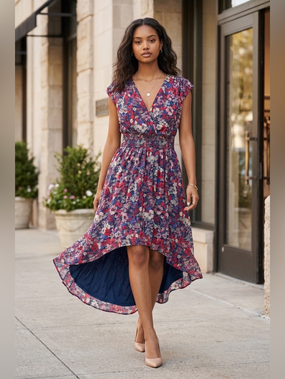 BCBG Paris Floral Hi-Low Dress XXL Smocked Waist Surplice Midi Dress